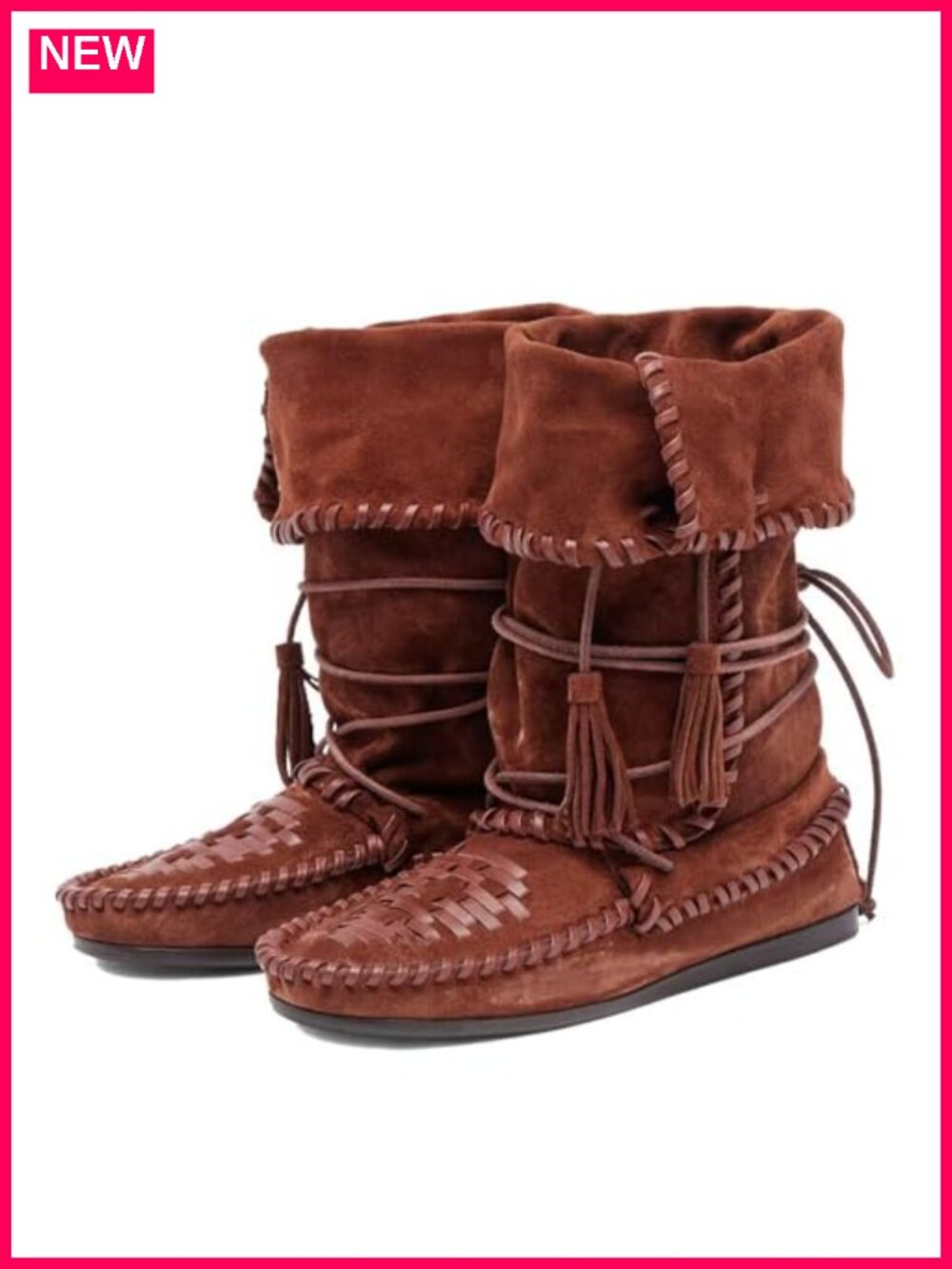 Suede Fold Over Ankle Boots Woven Fringe Lace Up Flats